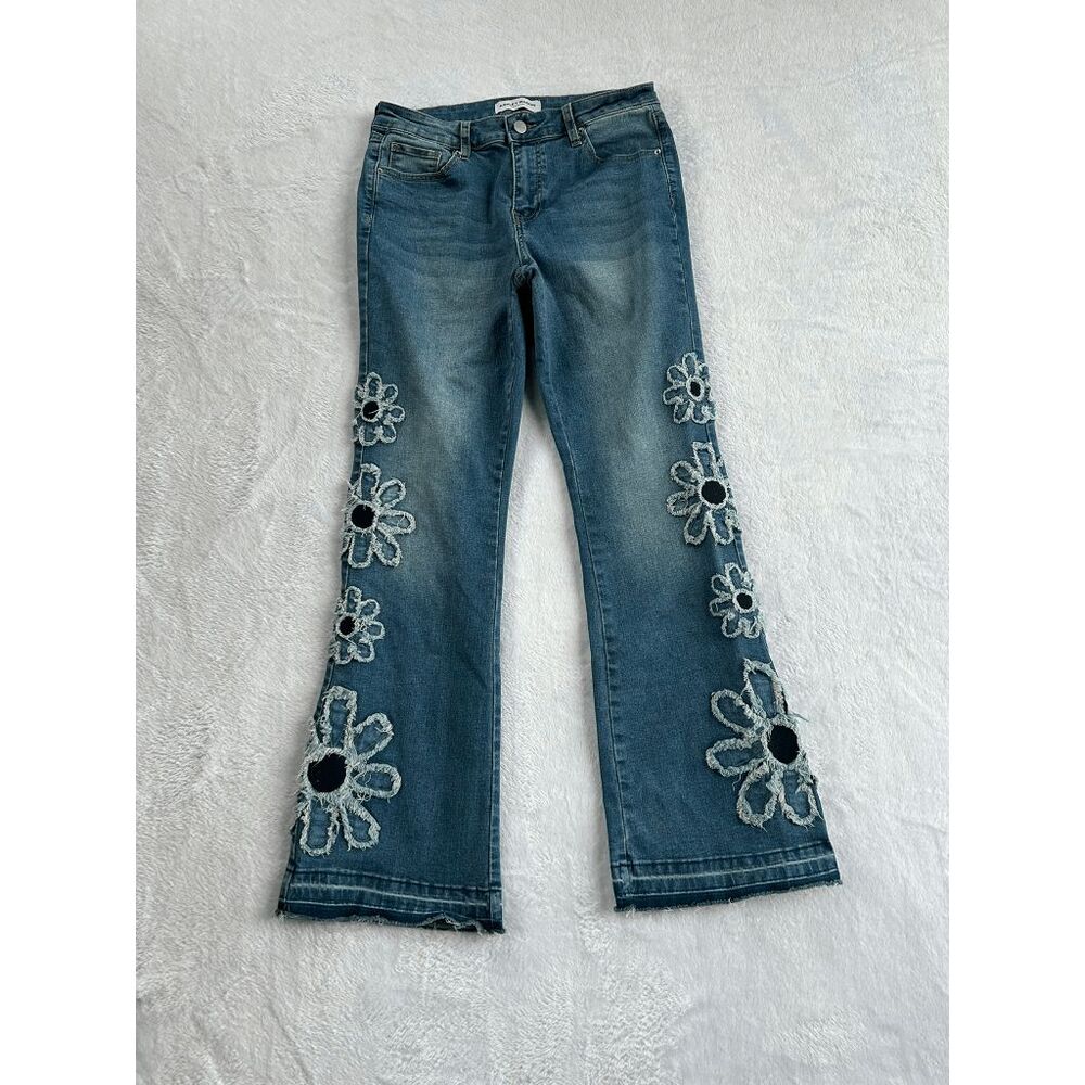 Ashley Mason Blue Denim Flare Jeans with Appliqué Flowers